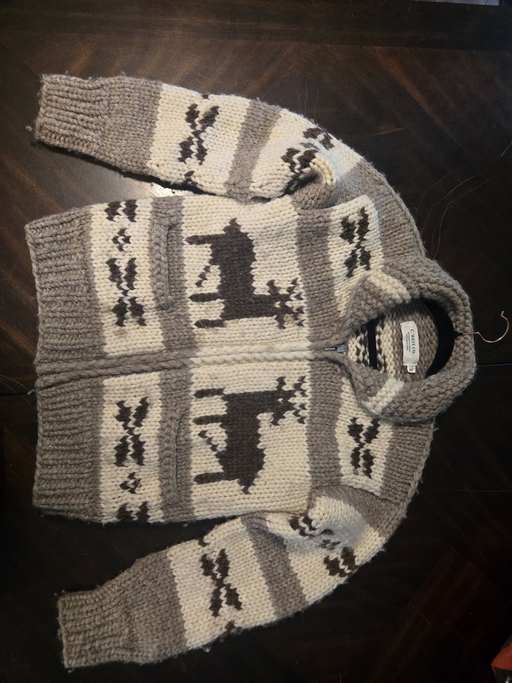 Women's Tan & Cream Zip-Up Canada Reindeer 100% Wool Sweater Size XS - Picture 3 of 8